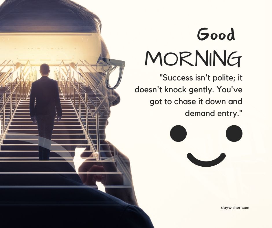 Silhouette of a man walking up a bright staircase, juxtaposed with a side profile of another man wearing glasses. Text on the image reads "good morning" and an inspirational quote about success.