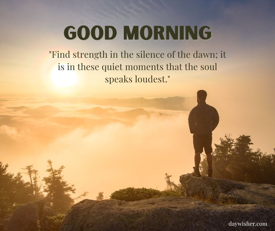 A person stands on a rocky overlook at sunrise, viewing a mist-covered valley. The text on the image reads: "Good Morning Images with Quotes - Find strength in the silence of the dawn; it