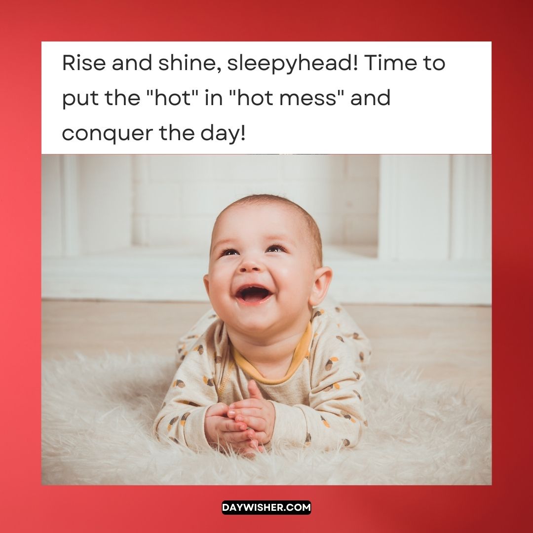 A joyful baby with a wide smile, lying on a white furry rug, wearing a beige outfit adorned with dots. Funny text overlay encourages waking up and taking on the day energetically.