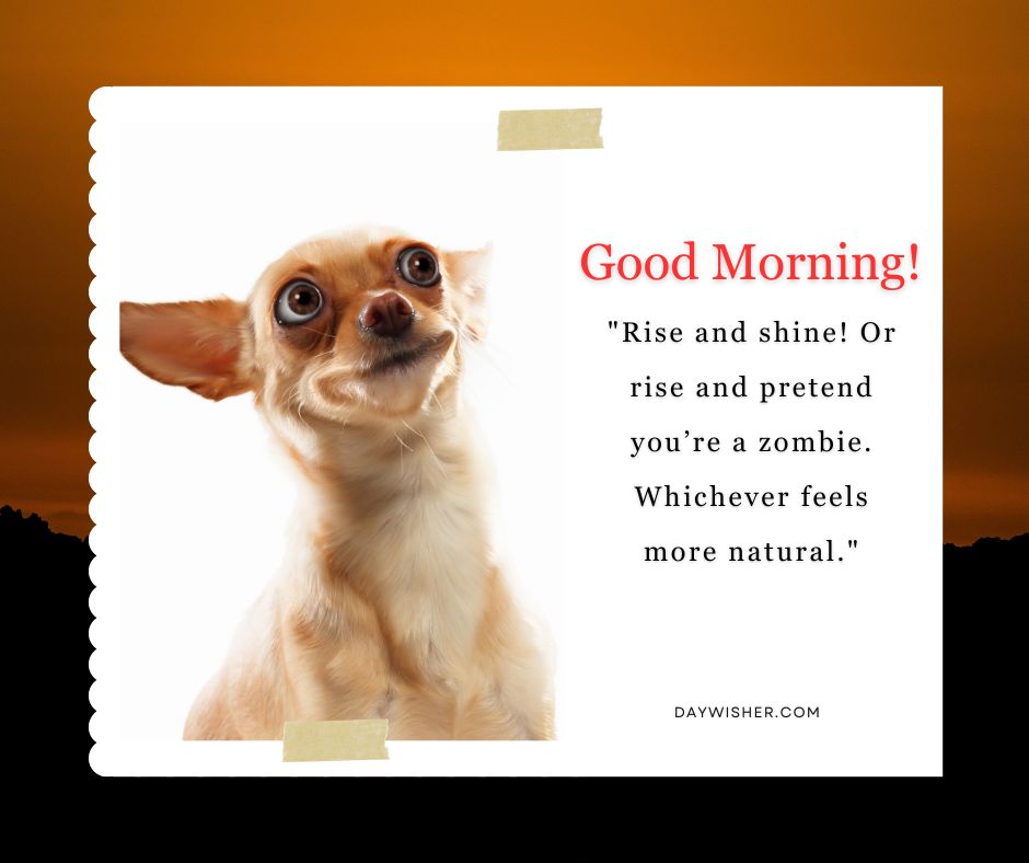 A motivational postcard featuring a close-up image of a wide-eyed chihuahua against a vibrant orange background, with the text "Funny good morning! Rise and shine! Or rise and pretend you