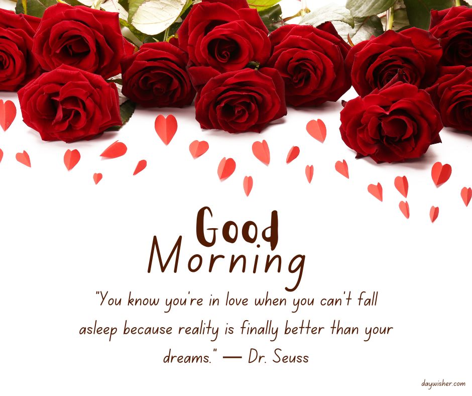 A greeting card featuring "Good Morning Images with Quotes" by Dr. Seuss, surrounded by vibrant red roses and scattered petals, on a white background.