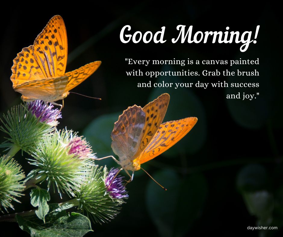 Image of two orange butterflies with black spots perched on green, spiky plants against a dark background. The text "Good Morning!" and an inspirational quote about opportunities are overlaid.