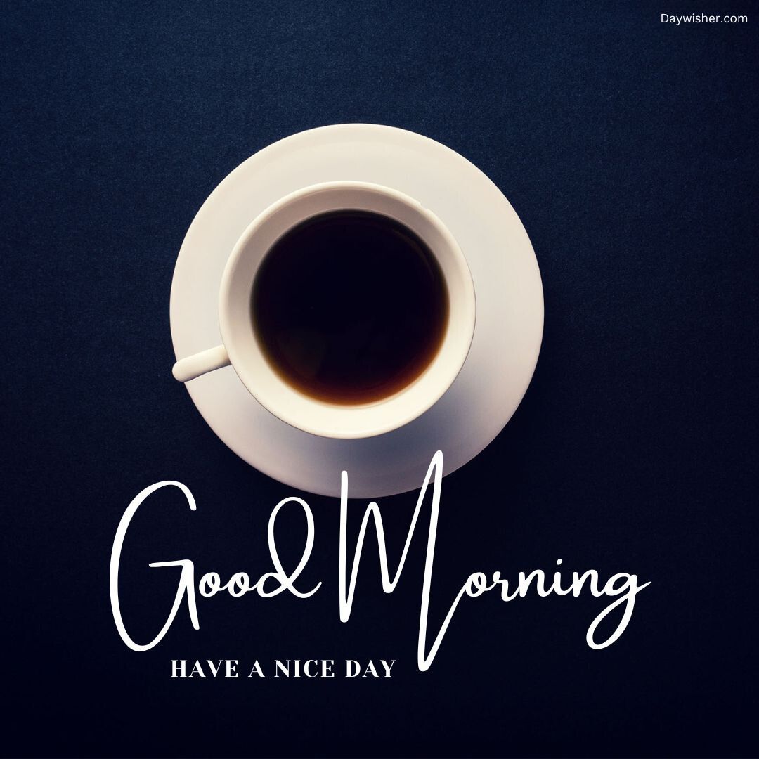 A white cup of coffee with a saucer on a dark background, featuring the words "good morning have a nice day" in stylish white script, captured in high definition to create special good morning images
