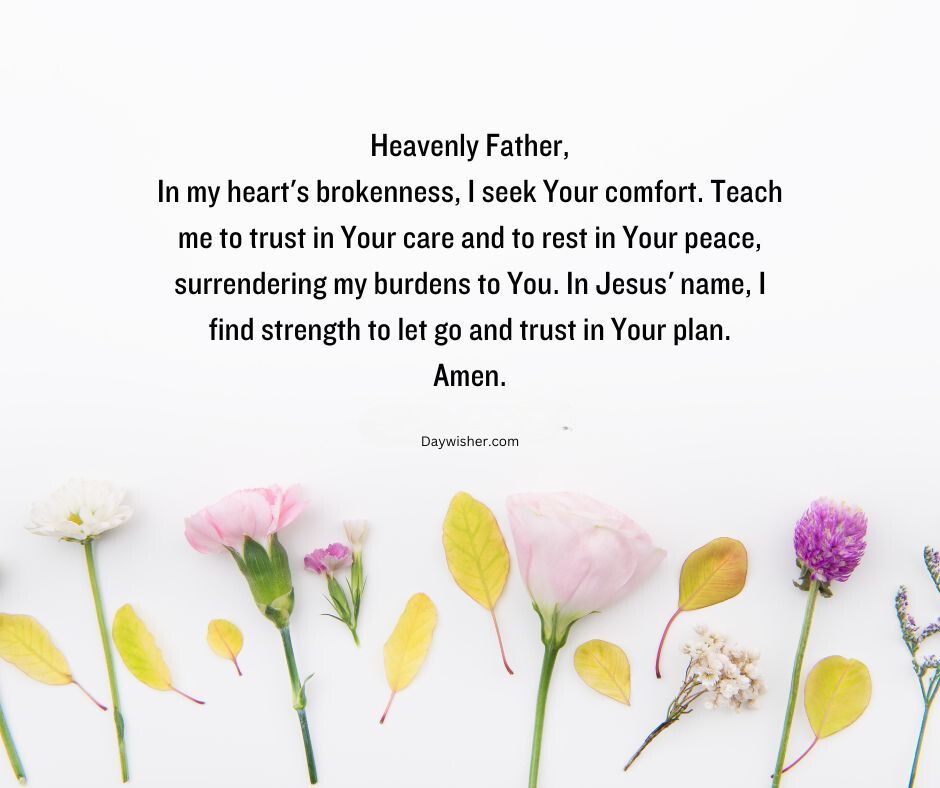 A serene image featuring assorted delicate flowers arranged symmetrically at the top and bottom borders on a white background, with a "Good Morning Prayers" text centered, expressing trust and seeking comfort in God.