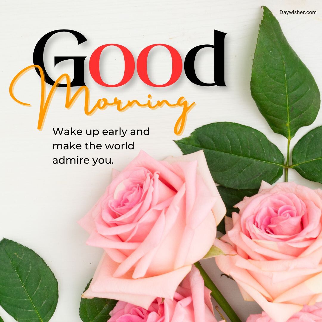 A bright image featuring the text "good morning" in orange script, alongside a motivational message and a cluster of pink roses on a white wooden background, curated especially for that special person.