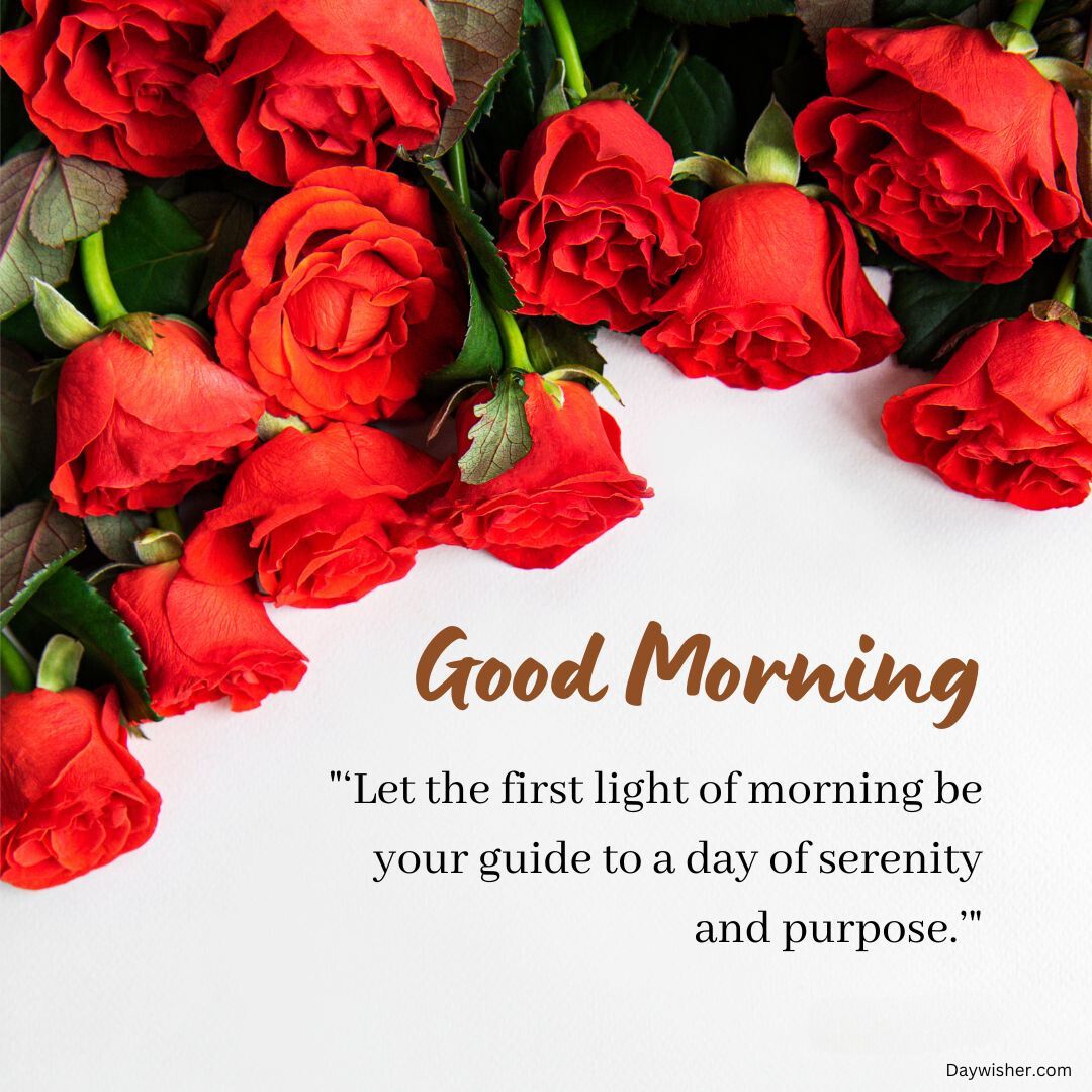 A vibrant arrangement of red roses along the top and left side of the image with a "good morning" greeting for a special person and an inspirational quote on a white background.