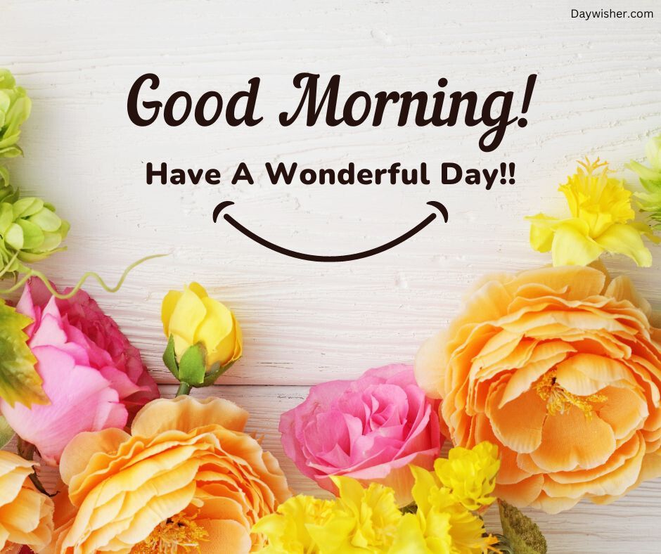 Text "good morning! have a wonderful day!!" with a smiley face on a wooden background surrounded by colorful flowers like roses and tulips, making it one of those special good morning