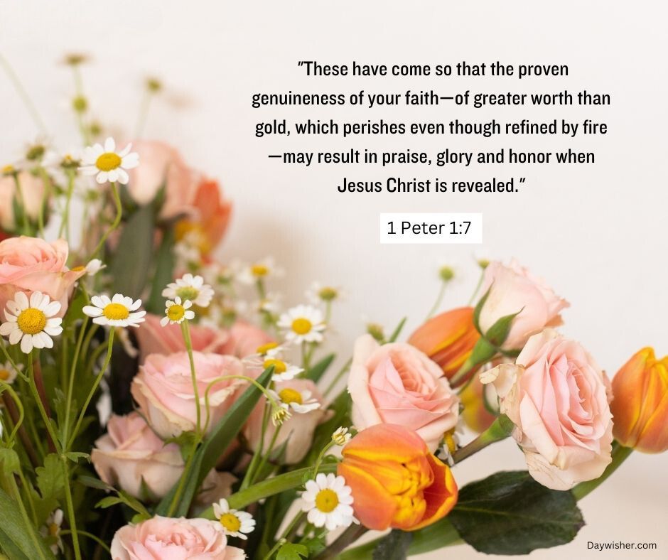 A bouquet of pastel-colored roses against a white background with a Bible verse from 1 Peter 1:7 about the genuineness of faith in hard times being more precious than gold.