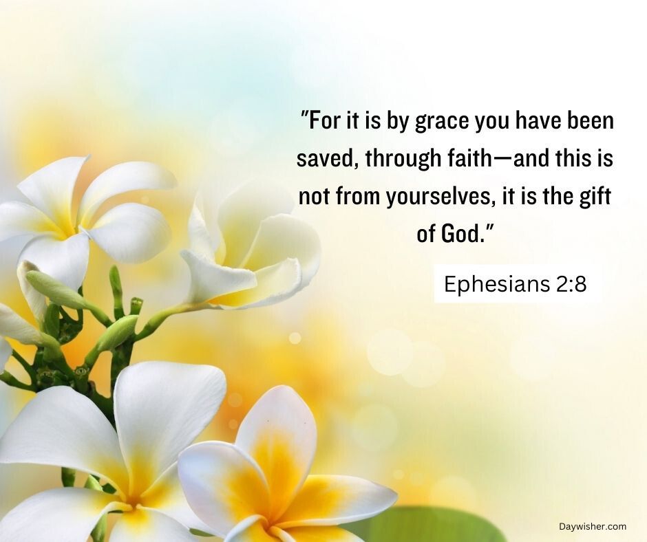 The image shows a tranquil background with a gradient of light blue to yellow, adorned with white and yellow plumeria flowers in the lower corners. Overlay text features a Bible verse about faith from Ephes