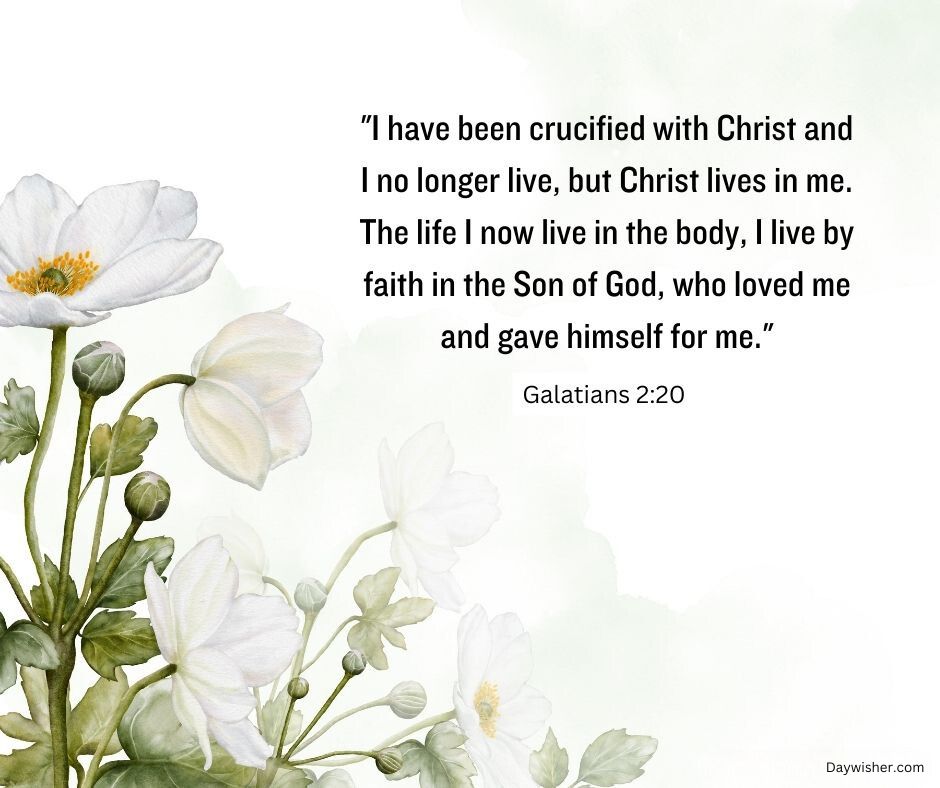 A serene floral background with watercolor white flowers and a Bible verse from Galatians 2:20 printed in elegant black script, discussing faith and sacrifice in Christ during hard times.