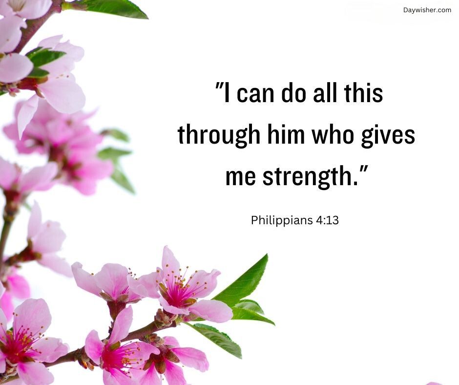Image of blooming pink cherry blossoms with the Bible verse "I can do all this through him who gives me strength." from Philippians 4:13 overlayed in black text.