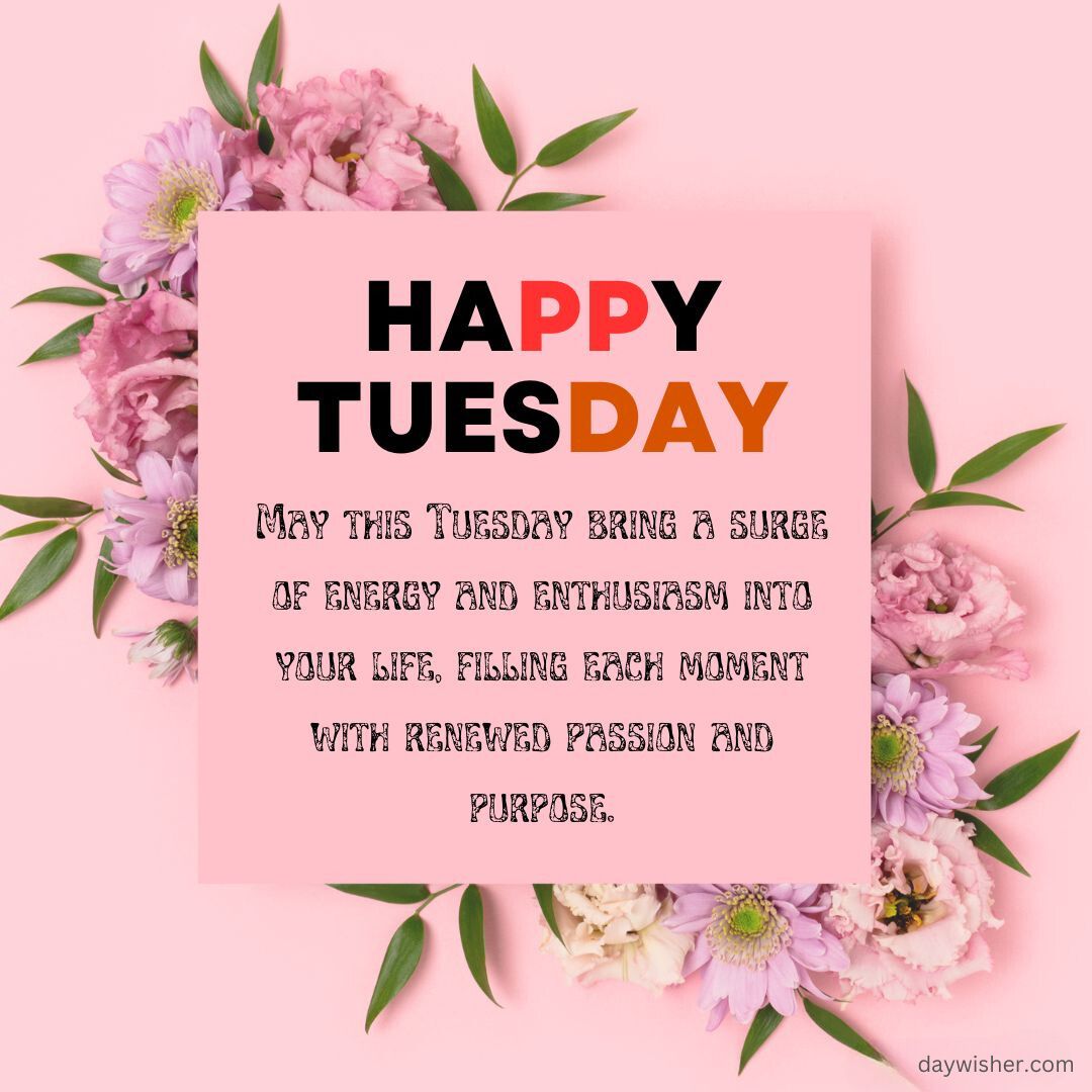 A motivational poster with "Happy Tuesday Blessings" in bold letters, surrounded by beautiful pink blossoms on a pastel background, wishing energy and enthusiasm.