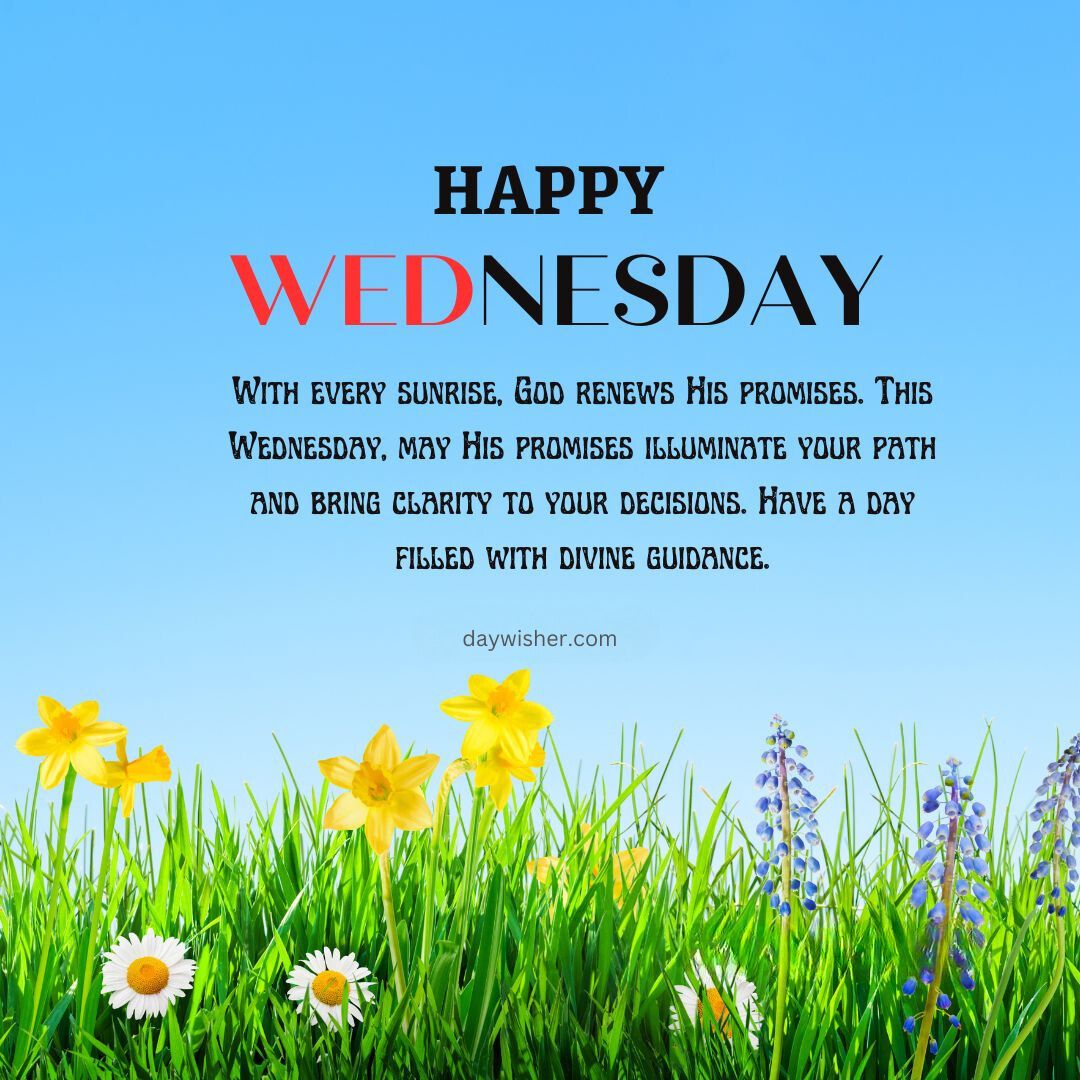 Inspirational image featuring "Wednesday Blessings" text, with a prayer for guidance and clarity, set against a bright sky and vibrant meadow with flowers.