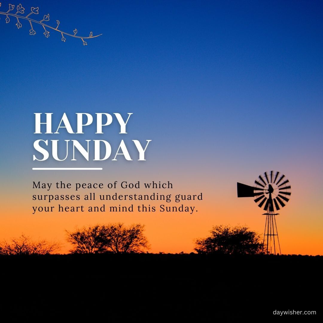 An inspirational image featuring a text "Happy Sunday Blessings" with a religious blessing against a backdrop of a sunset, trees, and a silhouette of a windmill.