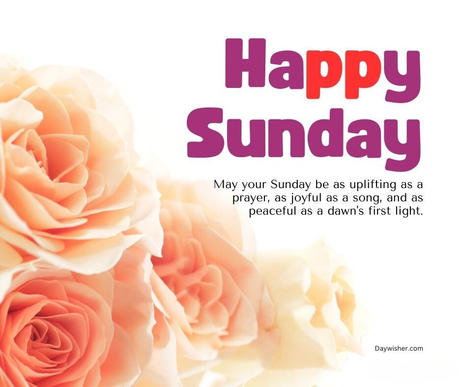 A cheerful greeting "Happy Sunday Blessings" in bold purple text over a soft-focus background featuring pink roses, with a heartfelt message wishing an uplifting, joyful, and peaceful Sunday.