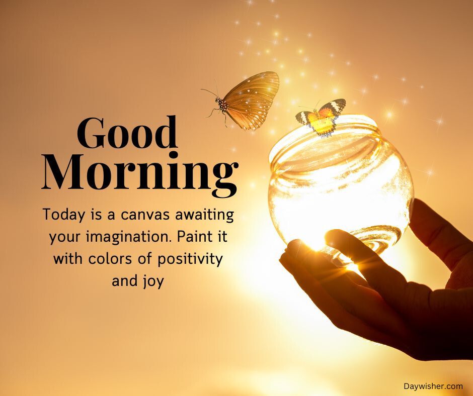 A hand holding a glowing glass sphere with a butterfly on it, set against a golden background, with the text "today special good morning" and an inspirational message about painting the day with positivity and joy