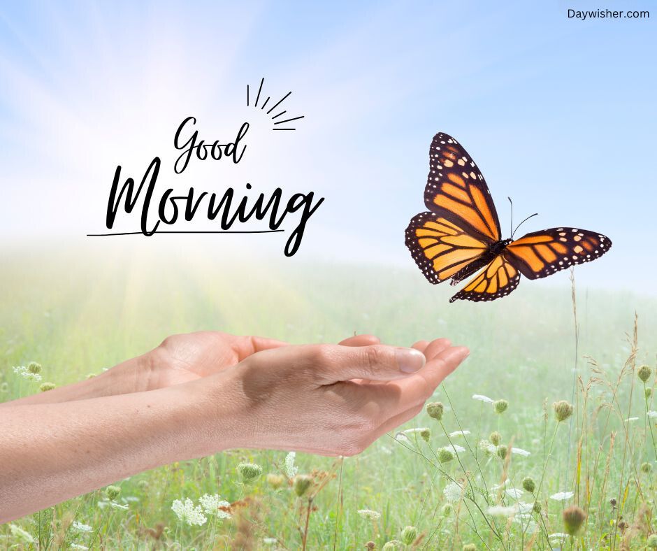A human hand gently holds a bright orange butterfly against a soft focus background of a sunlit meadow with the words "special good morning" in elegant script at the top.