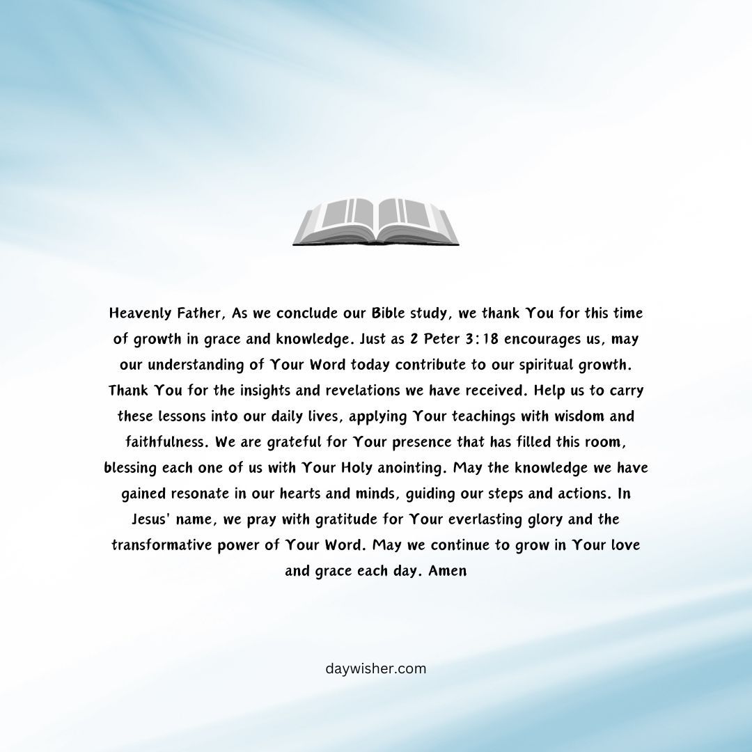 An image showing a spiritual opening prayer text layout on a serene blue water-like background, invoking reflection and devotion. The text is centered and expresses gratitude following a Bible study.
