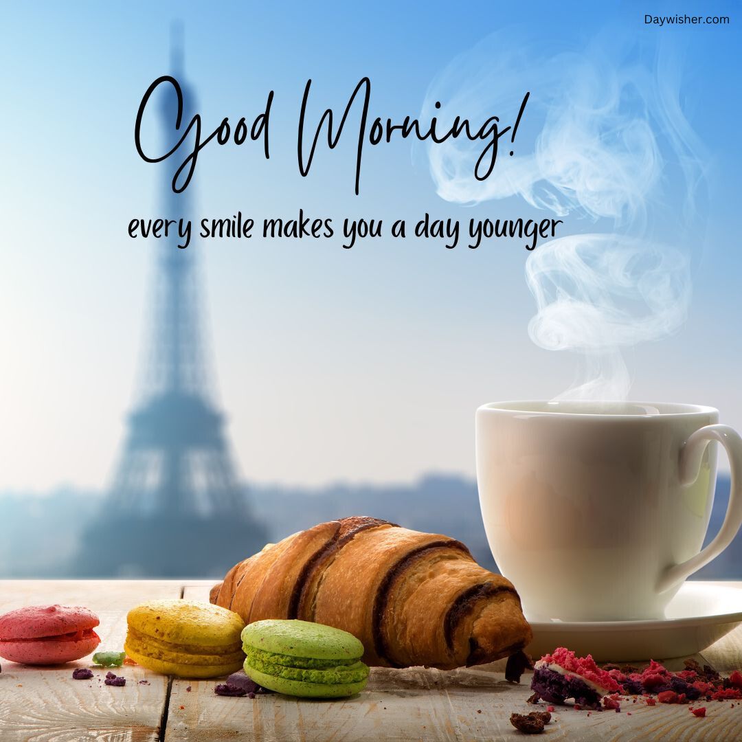 A morning scene with a white coffee cup emitting steam, colorful macarons, a croissant, in the background is the silhouette of the Eiffel Tower, with the text "Thought Special Good