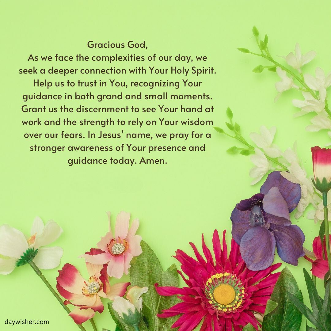 A vibrant floral background with an array of flowers like irises and daisies with green leaves, featuring a "Good Morning Prayer" text overlay for daily reflection and guidance.