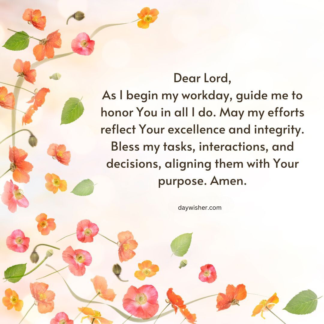 A serene background with light textured effects, adorned with small orange flowers and green leaves. Centered text is a "Good Morning Prayer" for guidance and blessing in daily tasks.