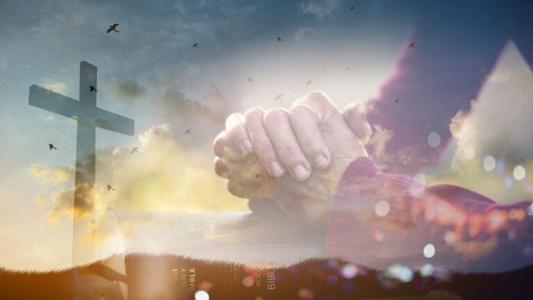 A composite image featuring clasped hands in prayer superimposed over a peaceful landscape with a cross and birds flying in a cloudy sky, symbolizing a blessed day.