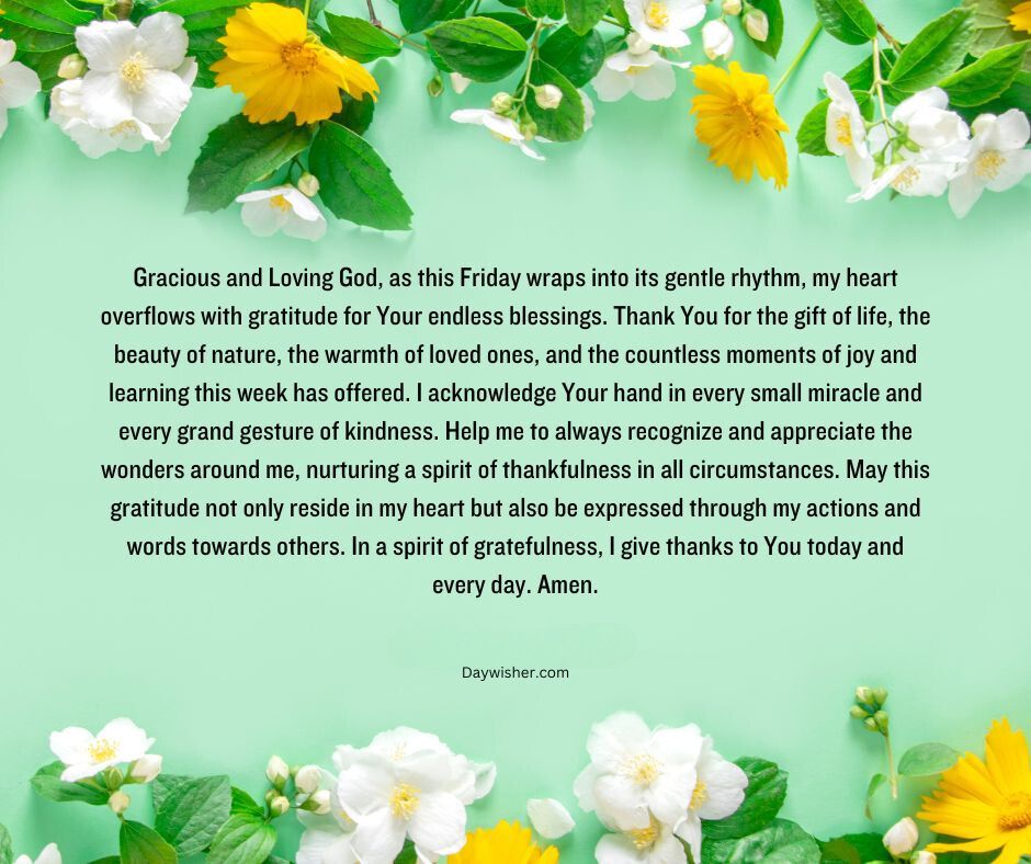 The image shows an assortment of fresh white and yellow flowers scattered over a pale green background, interspersed with green leaves. A *Friday Morning Prayer* expressing gratitude and kindness is overlayed on top