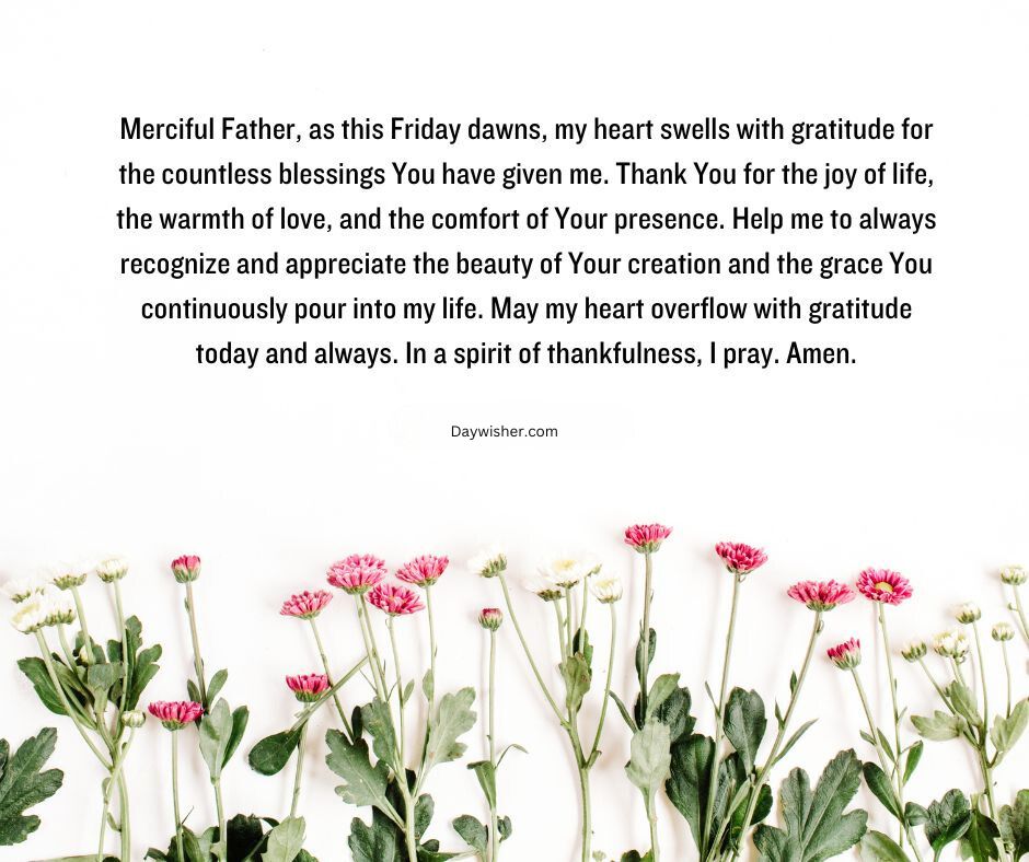 Image of a floral border with pink flowers at the bottom, above a "Friday Morning Prayer" expressing gratitude and a request for continuous guidance, displayed on a white background.