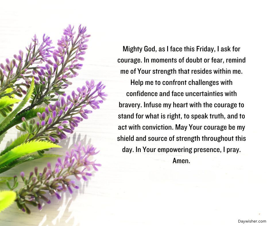 Image of purple lavender flowers with a background Friday Morning Prayer text asking for God's guidance and strength. Text overlays a pale, soft-focus image of botanical elements.