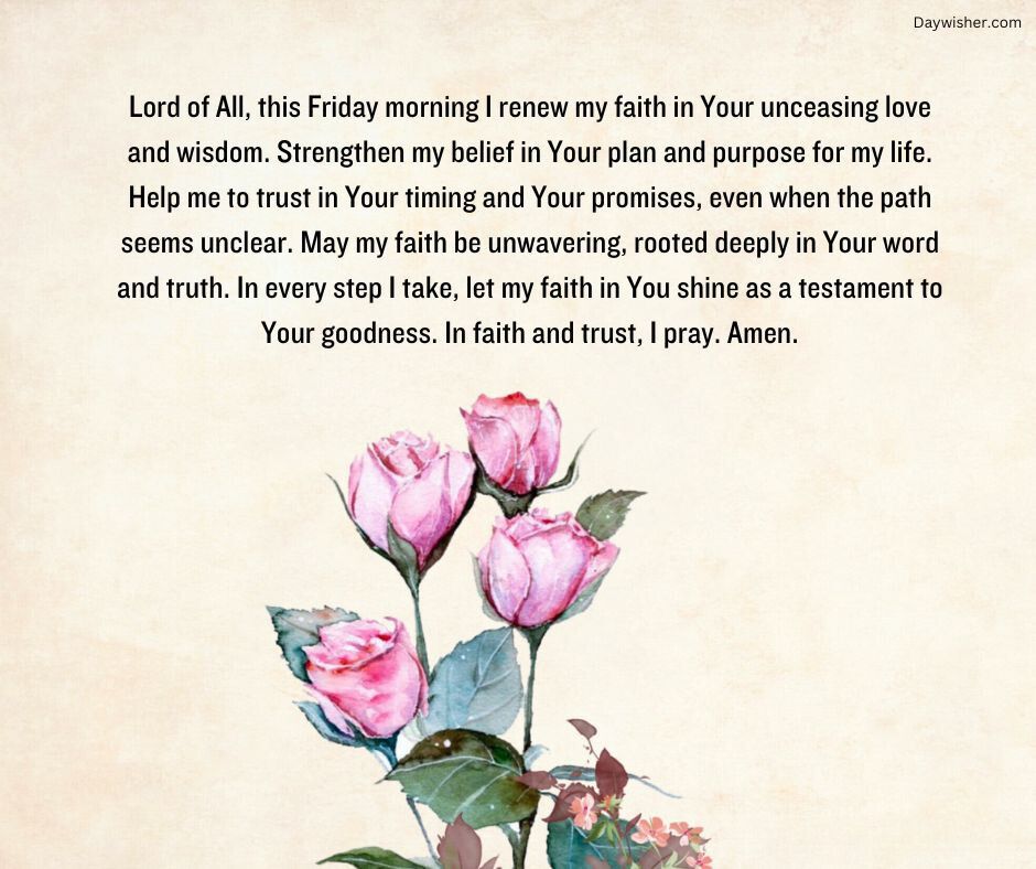A peaceful watercolor painting of pink roses with a "Friday Morning Prayer" text overlaid, expressing faith renewal and trust in divine purpose.