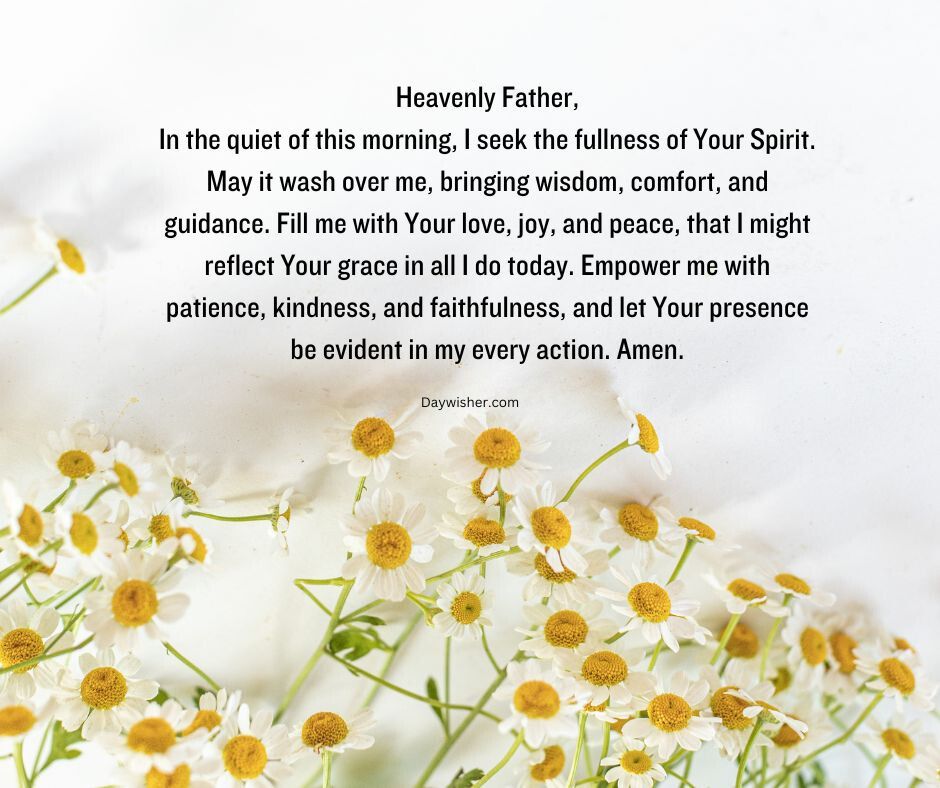 A serene image of small white flowers with yellow centers scattered on a white background, accompanied by a good morning prayer for guidance and spiritual fullness.