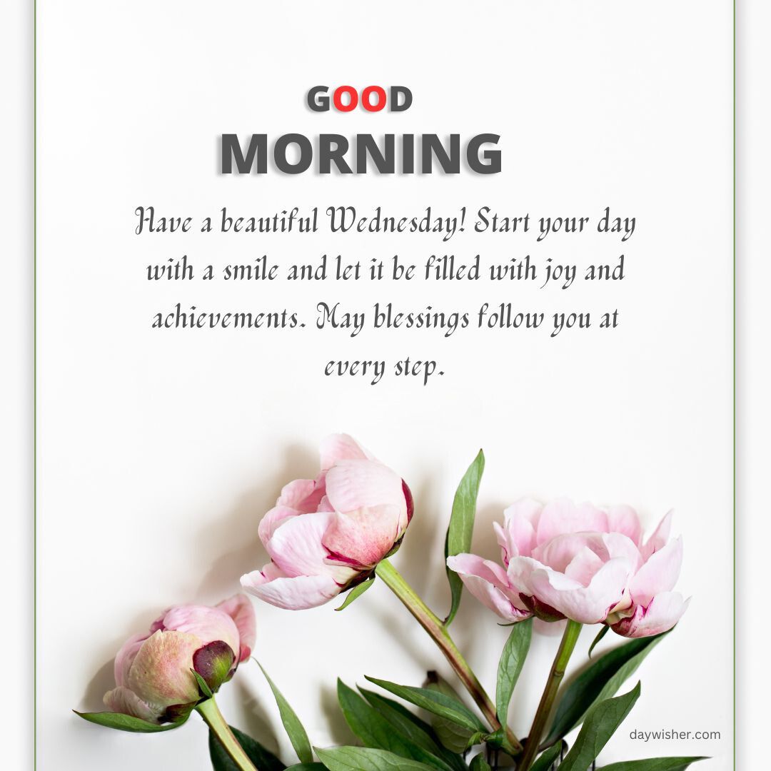 Image with a 'good morning' message wishing a beautiful Wednesday, featuring pink peonies on the side with text encouraging joy and blessings.