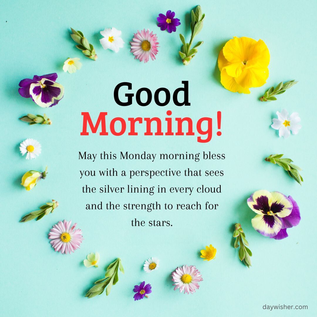 A cheerful "good morning!" greeting card encompassed by a variety of colorful flowers arranged in a circle on a turquoise background, perfect for inspirational Monday blessings.