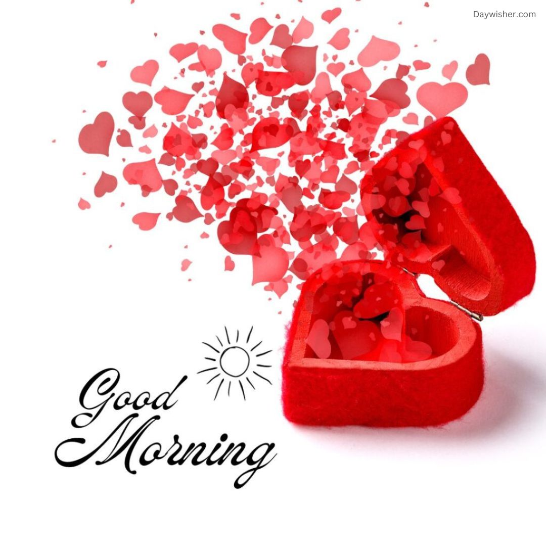 An image depicting two red, velvet heart-shaped boxes overflowing with smaller hearts, set against a white background with scattered red hearts and the phrase "good morning love" alongside a sun icon.
