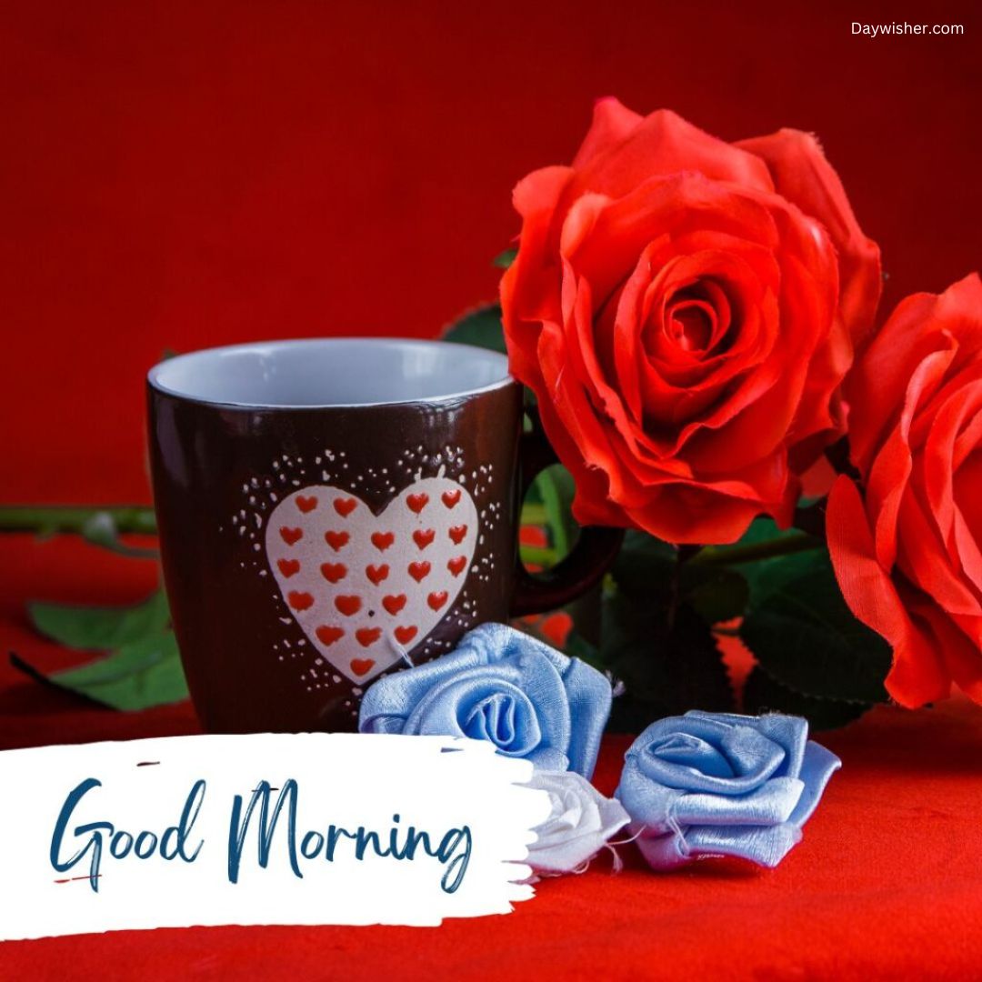 A cheerful "Good Morning Love" greeting card featuring a black coffee mug with a heart design, surrounded by vibrant red roses and blue fabric roses on a red background.