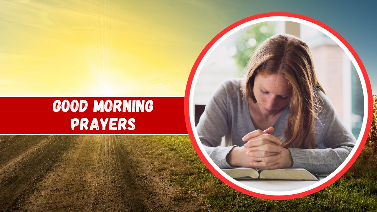 A woman is praying with closed eyes and hands clasped over a bible. The left side shows a sunrise over a field, and the right side is bordered by a circular red frame with text "Good
