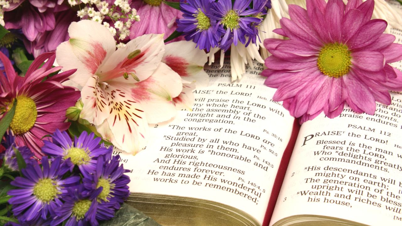 An open Bible with text visible, surrounded by vibrant purple, pink, and white flowers placed over and around the pages, inviting a prayer for healing eyes.