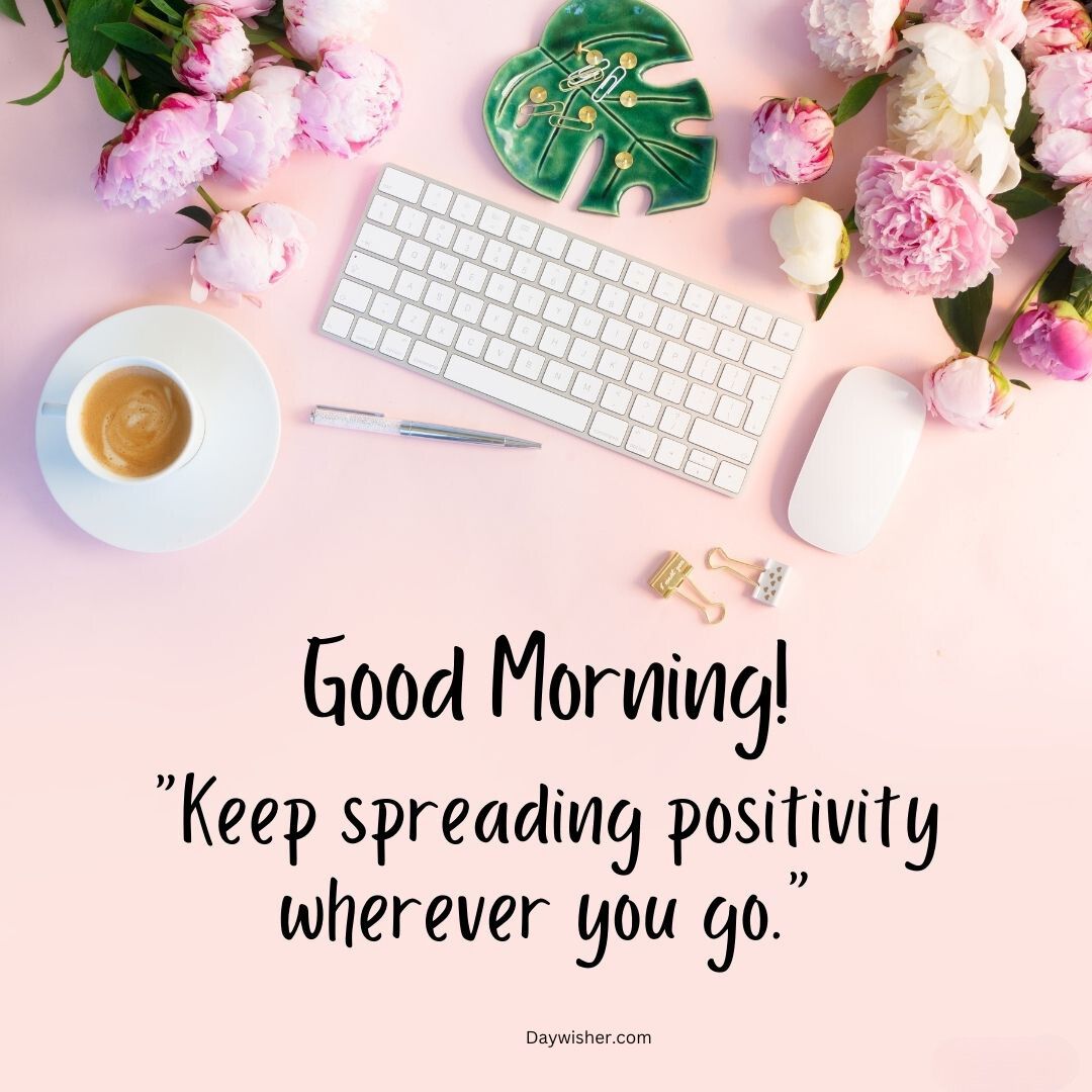Flat lay image of a desk featuring a keyboard, mouse, coffee cup, pen, and peonies on a pink background. A text overlay says "Today's special good morning," encouraging you to