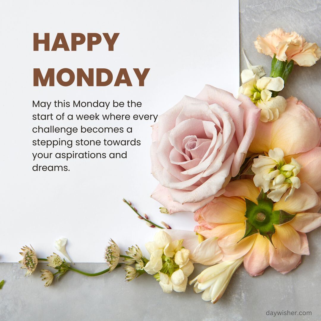 A powerful Monday Blessings message saying "happy monday" above a bouquet of pastel flowers, with a wish that Monday be a stepping stone towards the reader's dreams.