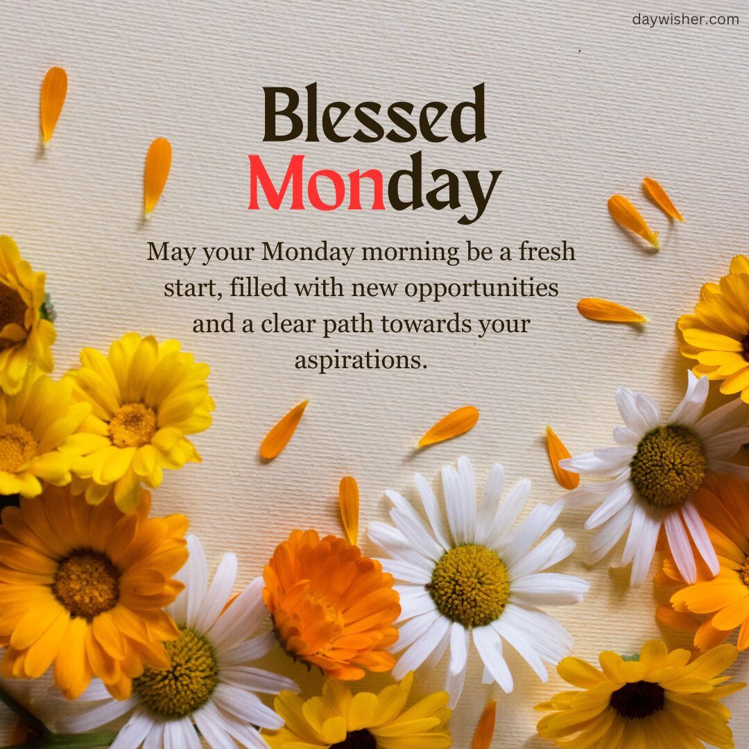 Inspirational message "Monday Blessings" with a wish for a fresh start and clear path to aspirations, surrounded by yellow and white daisies on a textured background.