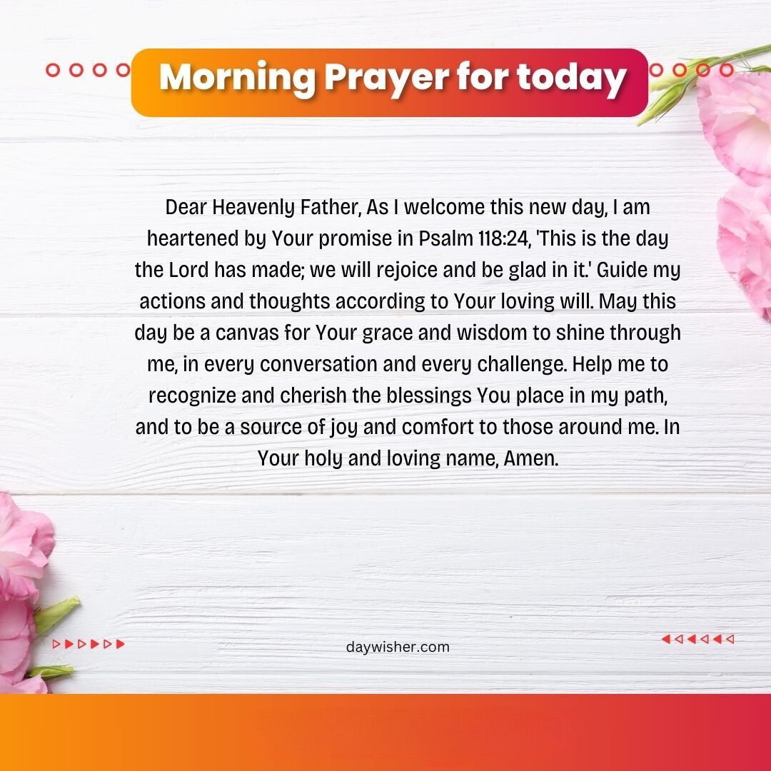 An image featuring a Morning Prayer text on a bright orange background, decorated with pink rose petals scattered around the edges.