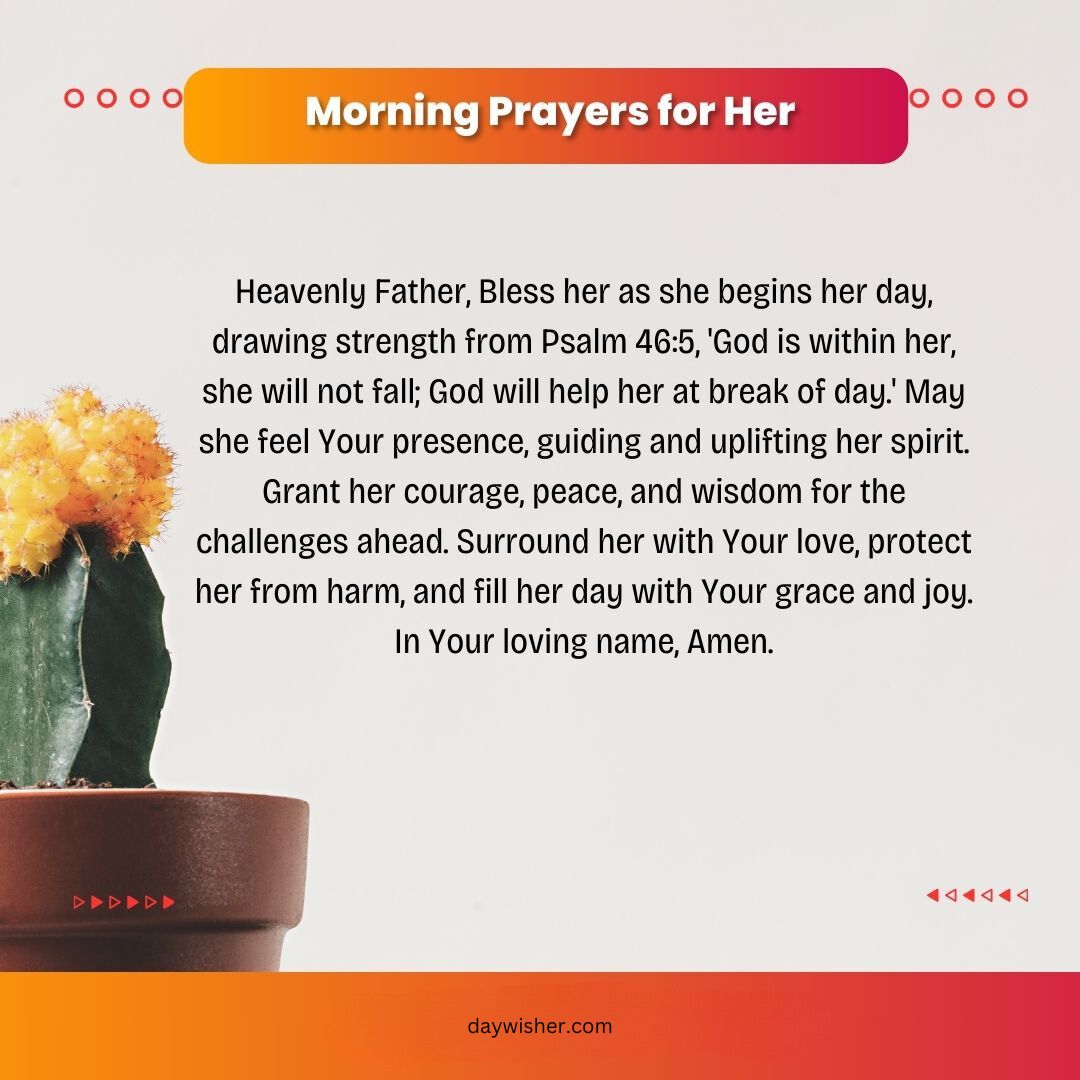 An inspirational graphic titled "short morning prayers for her" featuring a prayer text on an orange background. A potted plant is in the lower left, and the website 'daywisher.com' is
