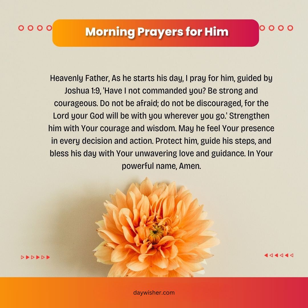 An image featuring a large orange flower in the foreground with a gradient orange background. Overlay text contains short morning prayers titled "Morning Prayers for Him.