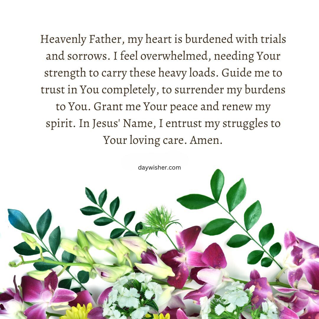 A serene graphic featuring a Good Morning Prayer surrounded by vibrant, scattered flower petals and green leaves on a white background. The text appeals for spiritual guidance and surrender.