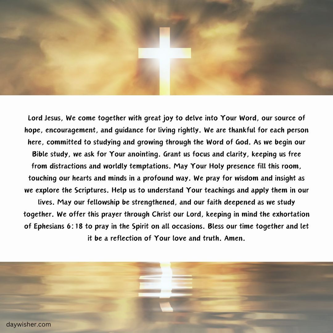An image featuring a luminous cross in a sky with clouds, overlaying a powerful opening prayer about togetherness, faith, and reflection. The text appeals for unity, guidance,