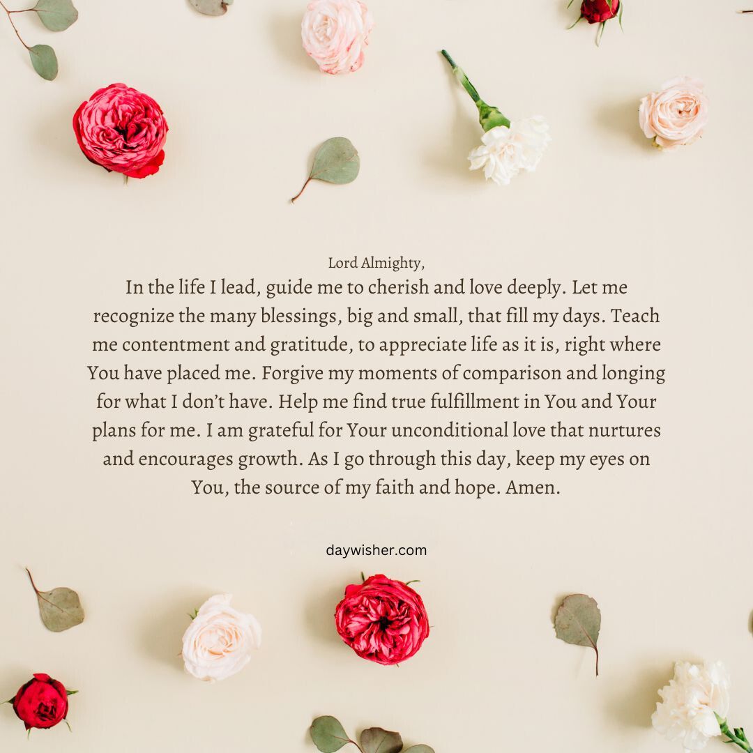 An inspirational Good Morning Prayer on a background scattered with assorted roses and floral blossoms in shades of pink and white, conveying a message of gratitude and mindfulness.