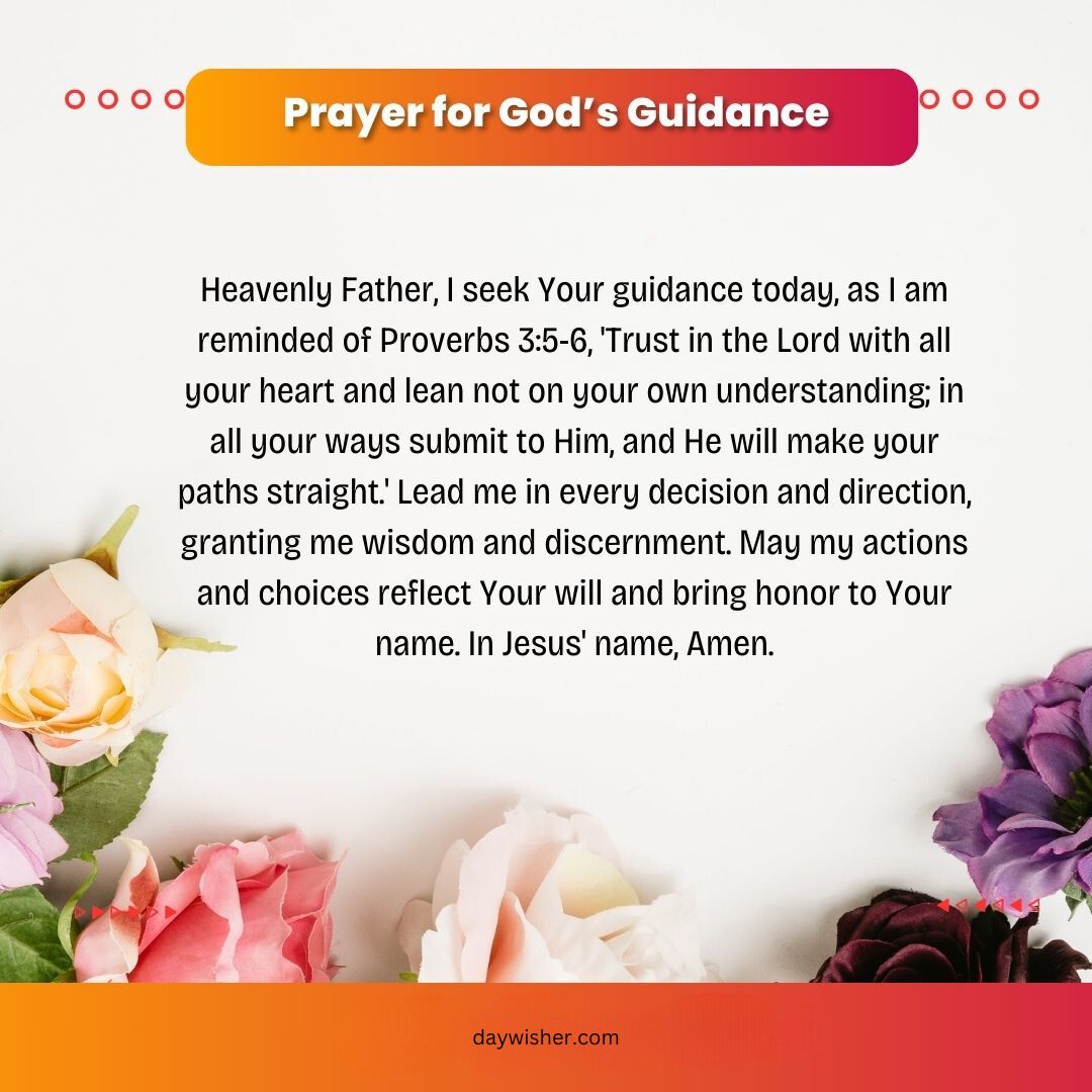 An inspirational short morning prayer image featuring an orange background with white and peach text, titled "Prayer for God's Guidance," asking for wisdom and trust in God's plan according to Proverbs 3