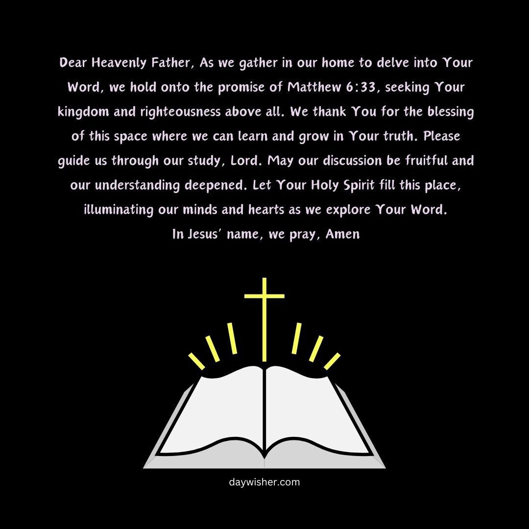 A graphic featuring an opening prayer text with an open book illustration radiating light and a cross on the bottom, representing spiritual enlightenment and guidance.