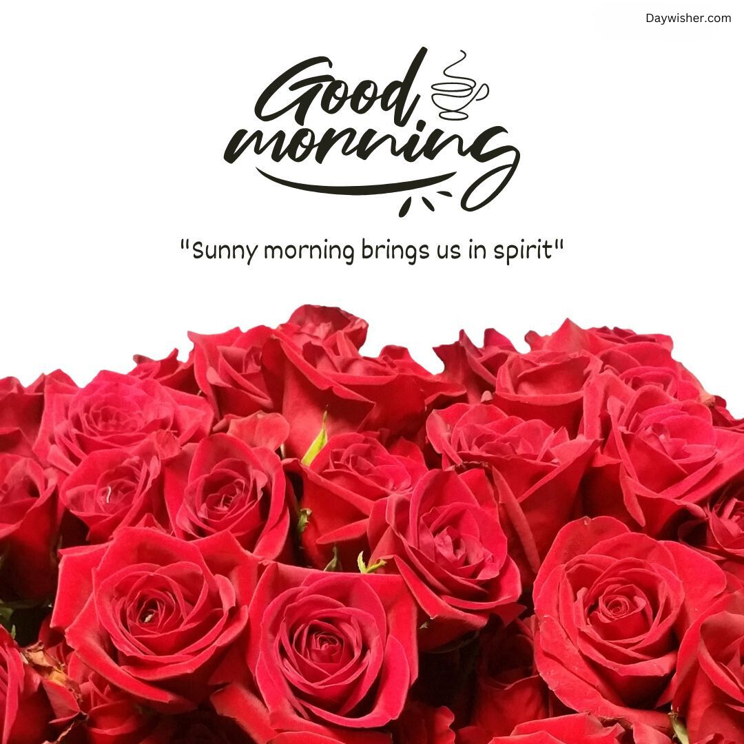 Image of vibrant red roses covering the lower part, with "today special good morning" and the quote "sunny morning brings us in spirit" in cursive black text on a white background at the