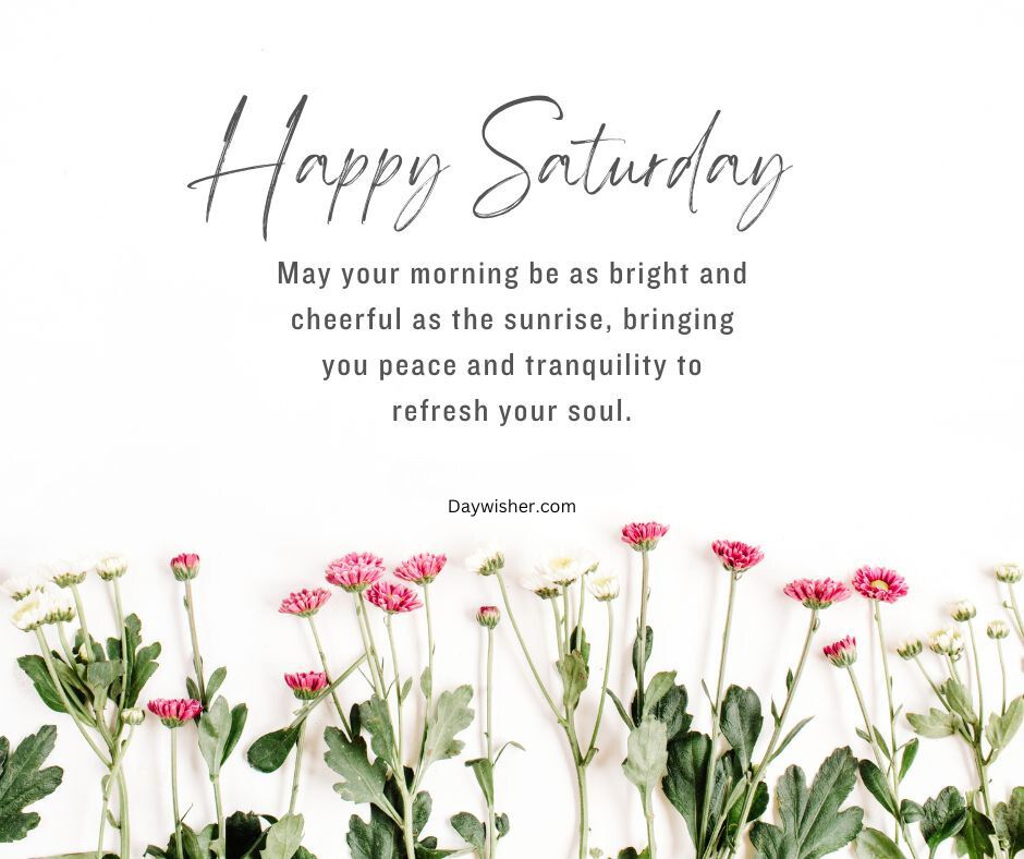 A motivational card with the message "Happy Saturday" in elegant script, followed by a heartfelt Saturday Morning Prayer for 2024. The bottom is adorned with a row of pink and white flowers against a